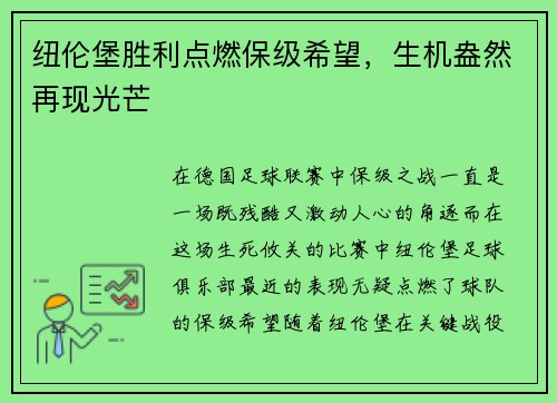 纽伦堡胜利点燃保级希望,生机盎然再现光芒