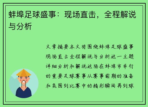 蚌埠足球盛事:现场直击,全程解说与分析